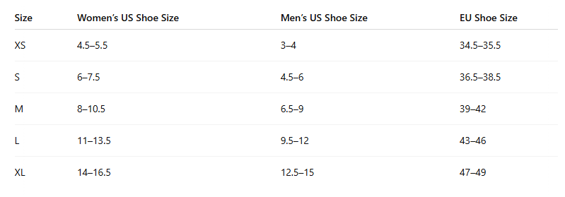 ONDO Socks Size Chart